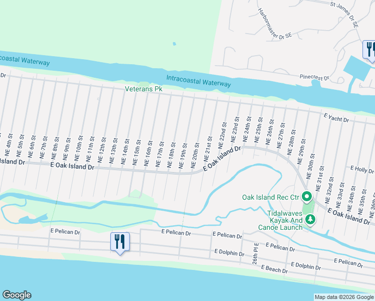 map of restaurants, bars, coffee shops, grocery stores, and more near 115 NE 20th St in Oak Island