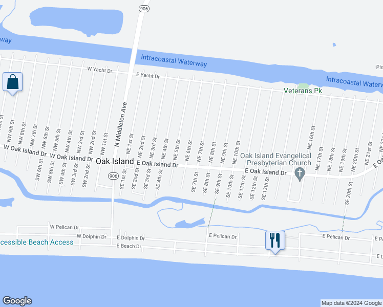 map of restaurants, bars, coffee shops, grocery stores, and more near 106 Northeast 6th Street in Oak Island