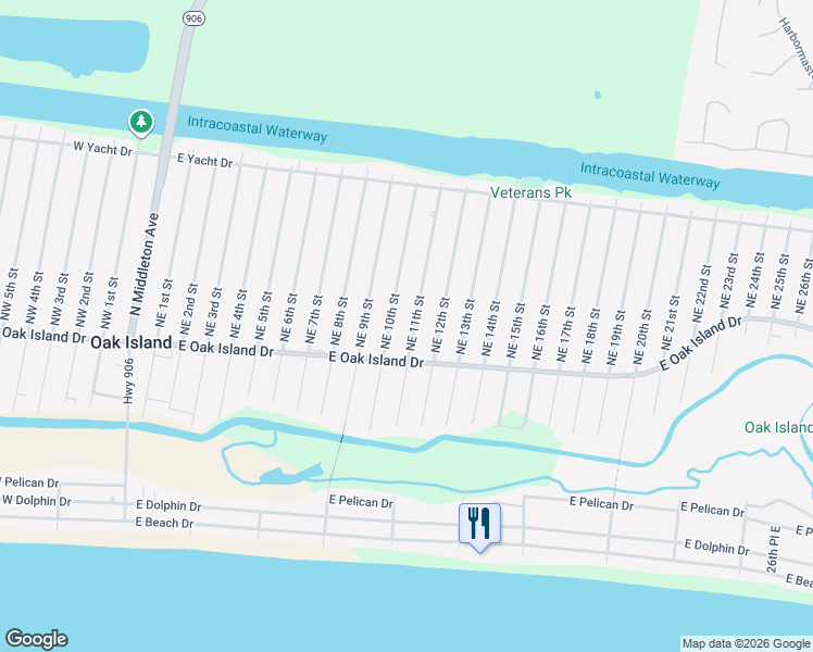 map of restaurants, bars, coffee shops, grocery stores, and more near 107 Northeast 11th Street in Oak Island