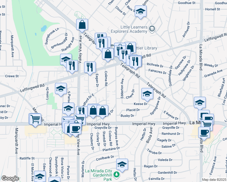 map of restaurants, bars, coffee shops, grocery stores, and more near 12007 Burgess Avenue in Whittier