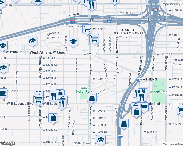 map of restaurants, bars, coffee shops, grocery stores, and more near 12300 Vermont Avenue in Los Angeles