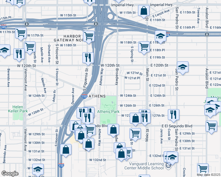 map of restaurants, bars, coffee shops, grocery stores, and more near 324 West 122nd Street in Los Angeles