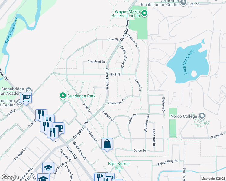 map of restaurants, bars, coffee shops, grocery stores, and more near 2689 Corydon Avenue in Norco