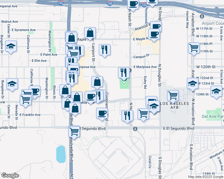 map of restaurants, bars, coffee shops, grocery stores, and more near 400 Continental Boulevard in El Segundo