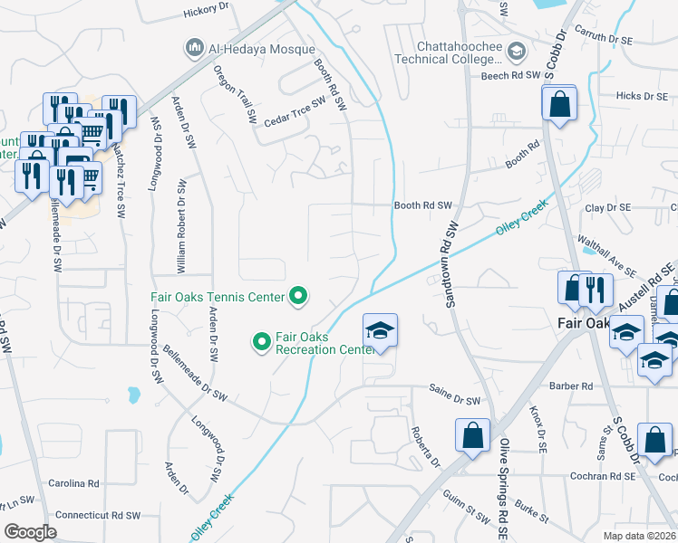map of restaurants, bars, coffee shops, grocery stores, and more near 340 Pin Oak Court Southwest in Marietta