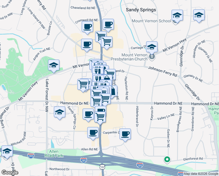 map of restaurants, bars, coffee shops, grocery stores, and more near in Sandy Springs