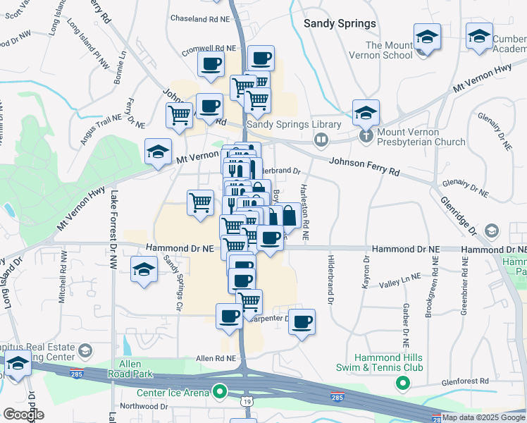 map of restaurants, bars, coffee shops, grocery stores, and more near 6075 Roswell Road Northeast in Sandy Springs