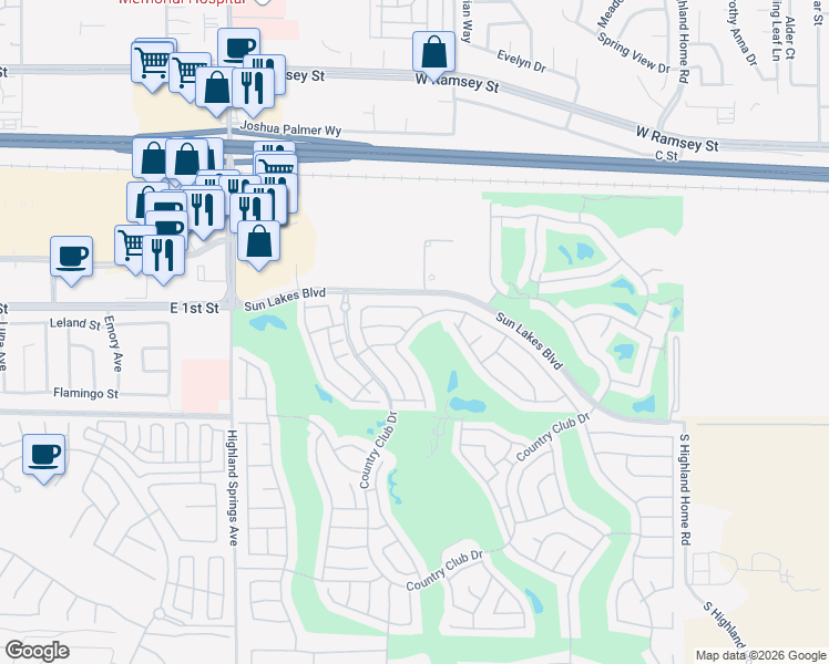 map of restaurants, bars, coffee shops, grocery stores, and more near 5772 Riviera Avenue in Banning