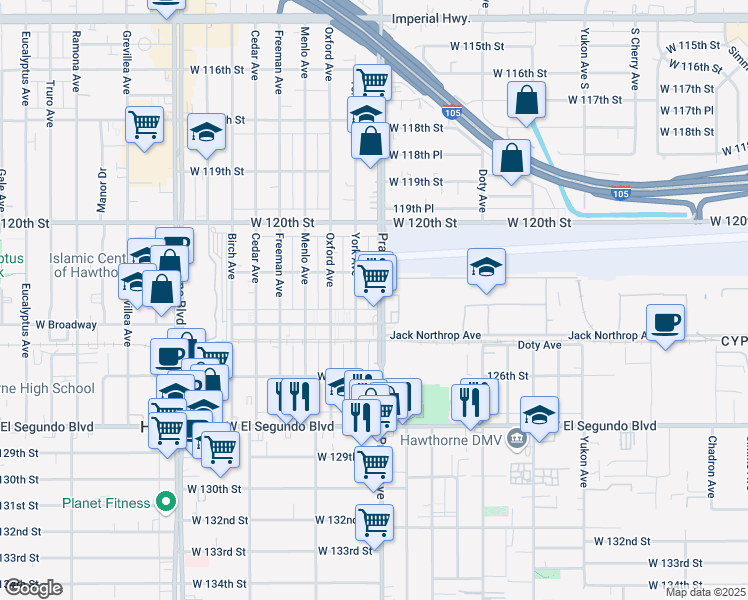 map of restaurants, bars, coffee shops, grocery stores, and more near 12301 Prairie Avenue in Hawthorne