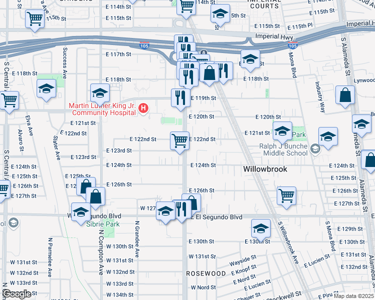 map of restaurants, bars, coffee shops, grocery stores, and more near 12224 Wilmington Avenue in Compton