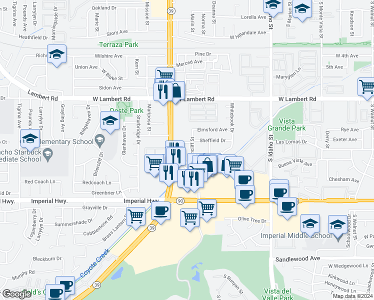 map of restaurants, bars, coffee shops, grocery stores, and more near 945 Glencliff Street in La Habra