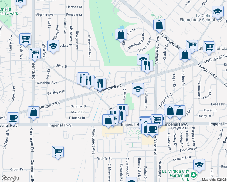 map of restaurants, bars, coffee shops, grocery stores, and more near 13870 Leffingwell Road in Whittier