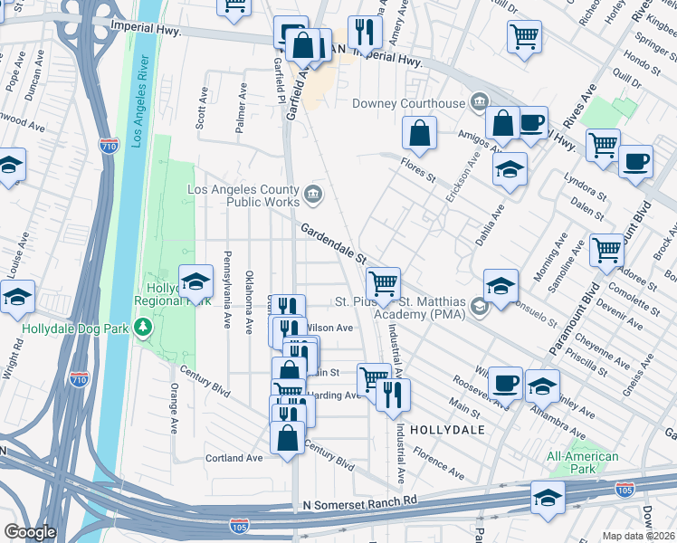 map of restaurants, bars, coffee shops, grocery stores, and more near 11611 Center Street in South Gate