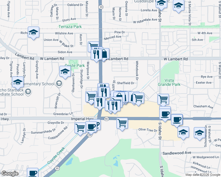 map of restaurants, bars, coffee shops, grocery stores, and more near 945 Glencliff Street in La Habra