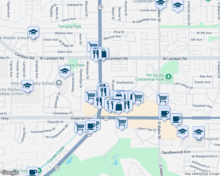 map of restaurants, bars, coffee shops, grocery stores, and more near 919 Glencliff Road in La Habra
