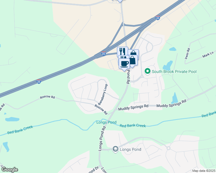 map of restaurants, bars, coffee shops, grocery stores, and more near 123 Hunters Mill Lane in West Columbia