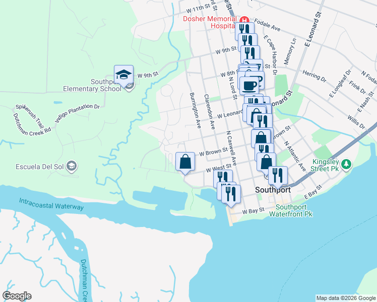 map of restaurants, bars, coffee shops, grocery stores, and more near 608 West Brown Street in Southport