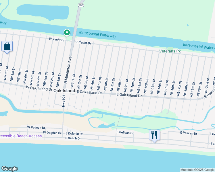 map of restaurants, bars, coffee shops, grocery stores, and more near 106 Northeast 6th Street in Oak Island