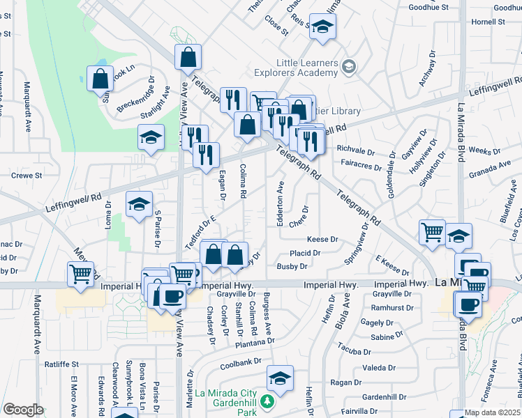 map of restaurants, bars, coffee shops, grocery stores, and more near 12007 Burgess Avenue in Whittier