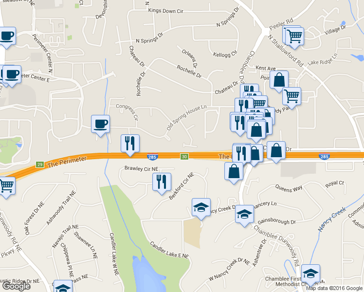 map of restaurants, bars, coffee shops, grocery stores, and more near 1574 Chateau Club in Dunwoody