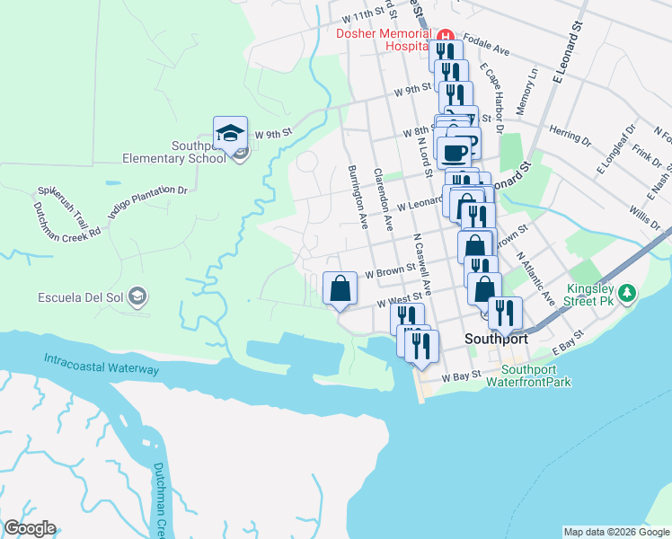map of restaurants, bars, coffee shops, grocery stores, and more near 610 West Brown Street in Southport