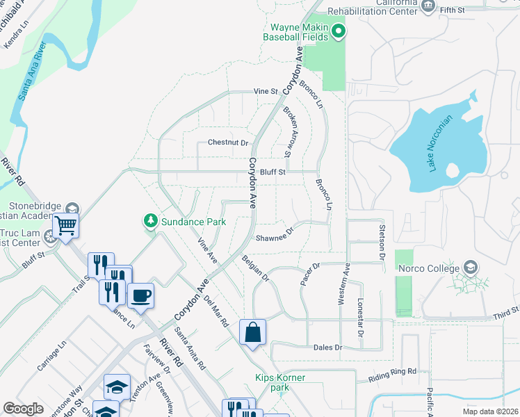 map of restaurants, bars, coffee shops, grocery stores, and more near 2689 Corydon Avenue in Norco
