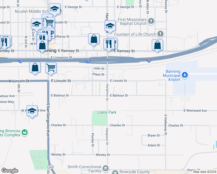 map of restaurants, bars, coffee shops, grocery stores, and more near 486 South Hargrave Street in Banning