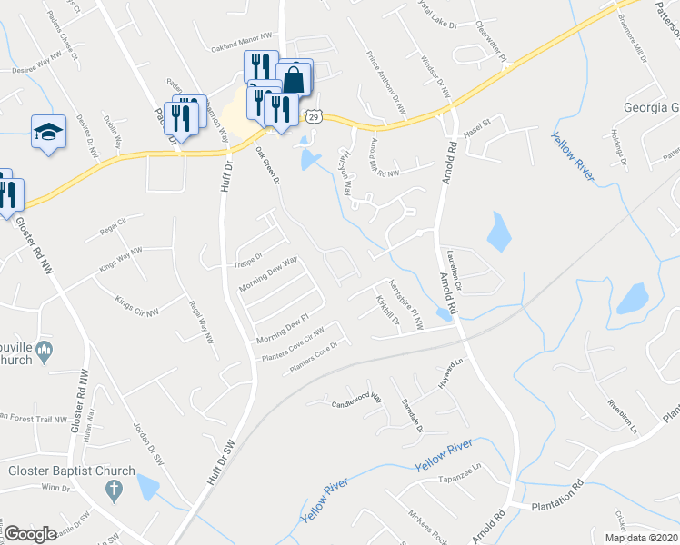 map of restaurants, bars, coffee shops, grocery stores, and more near 162 Haven Oak Way in Lawrenceville