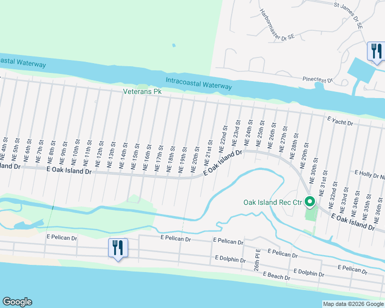 map of restaurants, bars, coffee shops, grocery stores, and more near 115 Northeast 20th Street in Oak Island
