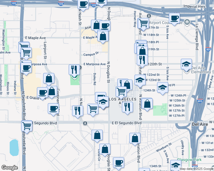 map of restaurants, bars, coffee shops, grocery stores, and more near 445 North Douglas Street in El Segundo