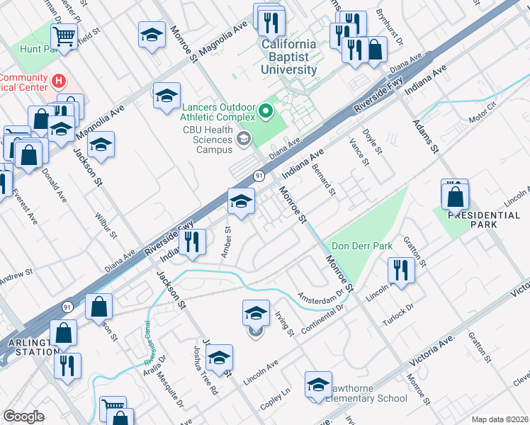 map of restaurants, bars, coffee shops, grocery stores, and more near 3340 Brou Lane in Riverside
