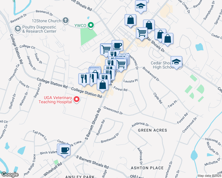 map of restaurants, bars, coffee shops, grocery stores, and more near 2205 South Barnett Shoals Road in Athens