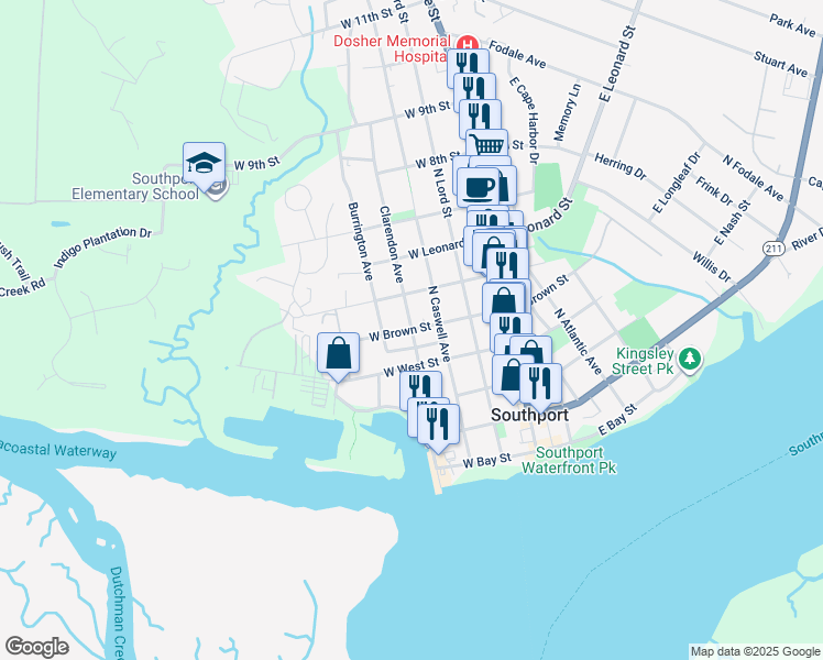map of restaurants, bars, coffee shops, grocery stores, and more near West Brown Street in Southport