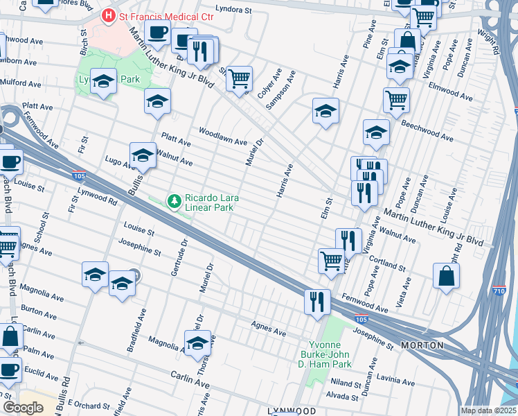 map of restaurants, bars, coffee shops, grocery stores, and more near 4030 Lugo Avenue in Lynwood