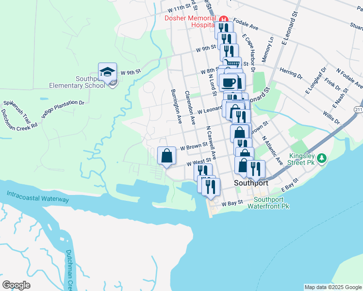map of restaurants, bars, coffee shops, grocery stores, and more near 502 West Brown Street in Southport