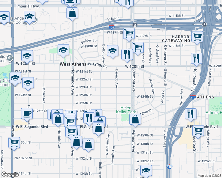 map of restaurants, bars, coffee shops, grocery stores, and more near 1124 West 123rd Street in Los Angeles