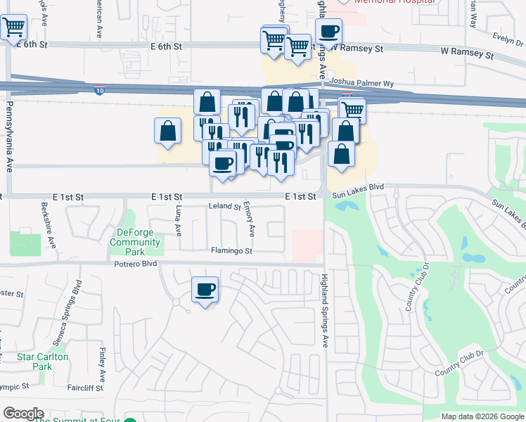map of restaurants, bars, coffee shops, grocery stores, and more near 1577 Leland Street in Beaumont