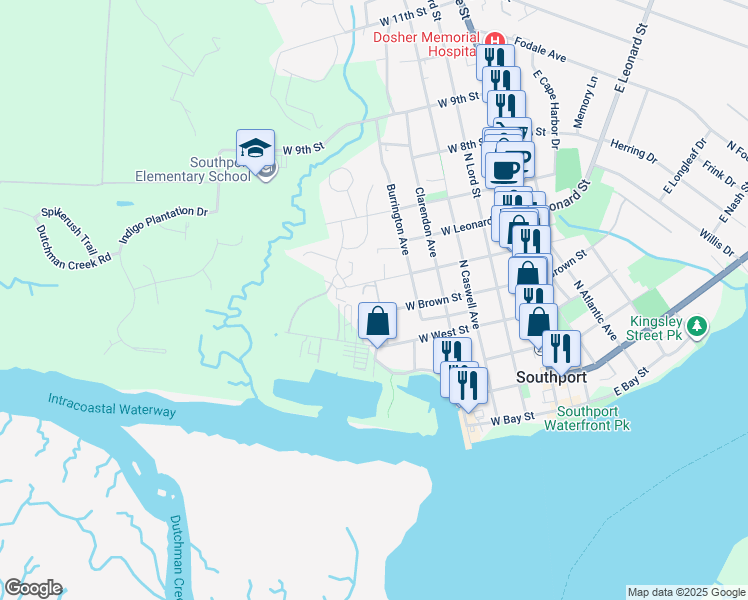 map of restaurants, bars, coffee shops, grocery stores, and more near 610 West Brown Street in Southport