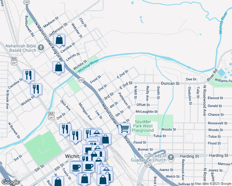 map of restaurants, bars, coffee shops, grocery stores, and more near 300 Patterson Street in Wichita Falls