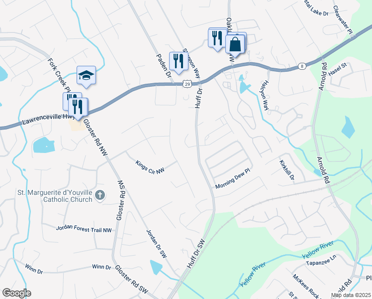 map of restaurants, bars, coffee shops, grocery stores, and more near 2550 Trelipe Drive in Lawrenceville