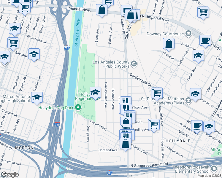 map of restaurants, bars, coffee shops, grocery stores, and more near 11611 Oklahoma Avenue in South Gate