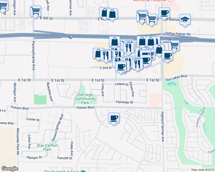map of restaurants, bars, coffee shops, grocery stores, and more near 1511 Leland Street in Beaumont