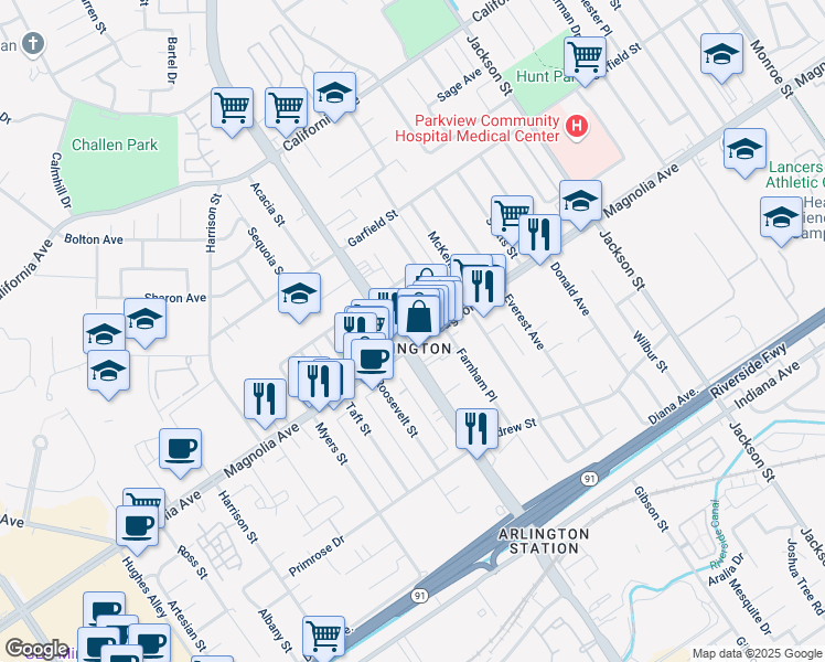 map of restaurants, bars, coffee shops, grocery stores, and more near in Riverside