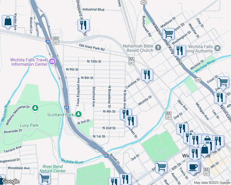 map of restaurants, bars, coffee shops, grocery stores, and more near 1218 North 6th Street in Wichita Falls