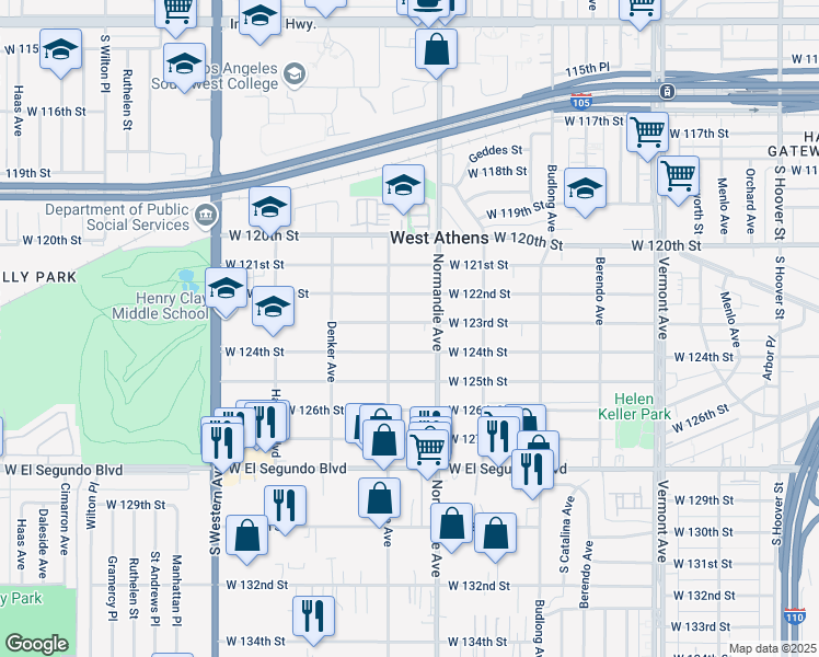 map of restaurants, bars, coffee shops, grocery stores, and more near 1430 West 123rd Street in Los Angeles