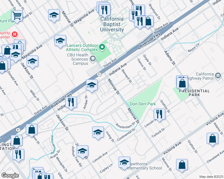 map of restaurants, bars, coffee shops, grocery stores, and more near 3290 Monroe Street in Riverside