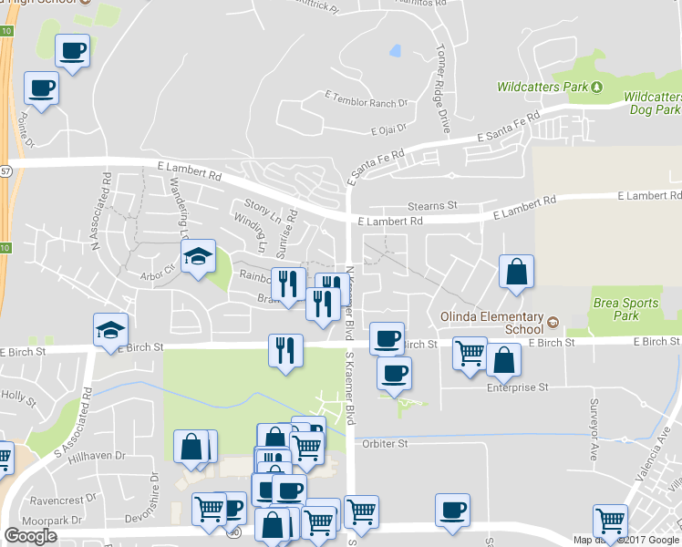 map of restaurants, bars, coffee shops, grocery stores, and more near 174 Ambling Drive in Brea