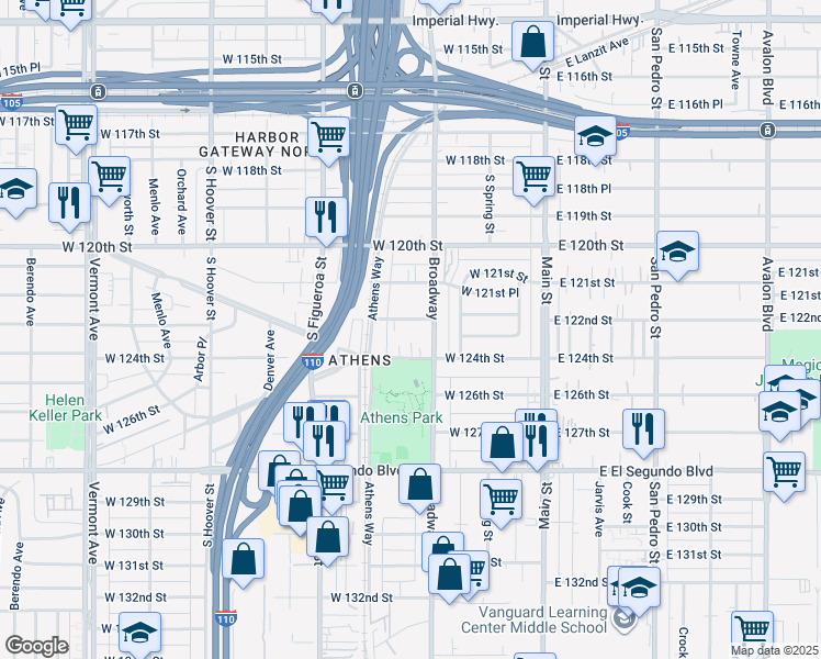 map of restaurants, bars, coffee shops, grocery stores, and more near 324 West 122nd Street in Los Angeles