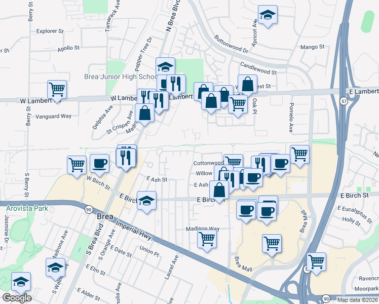 map of restaurants, bars, coffee shops, grocery stores, and more near 44 Taylor Court in Brea