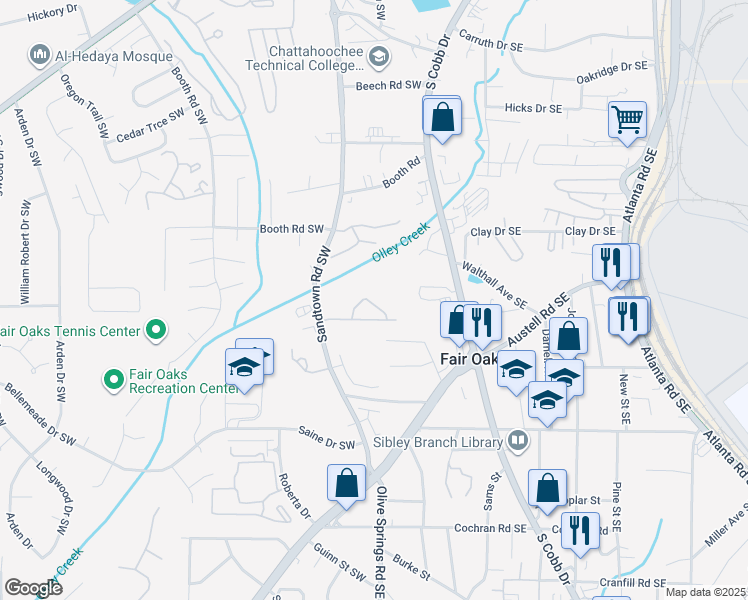 map of restaurants, bars, coffee shops, grocery stores, and more near 1187 Kendrew Pass in Marietta